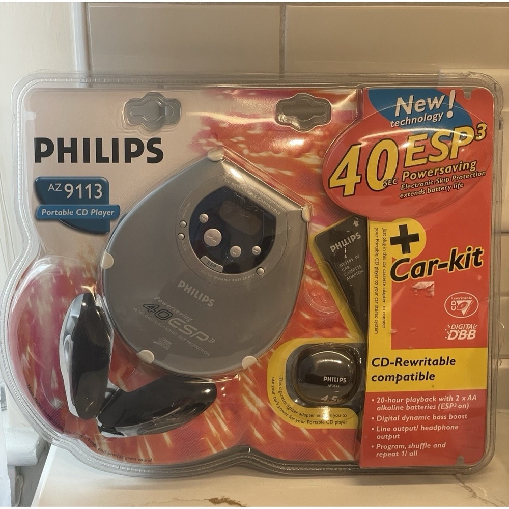Philips AZ9113 Portable CD Player Bass Boost Car-kit Headphones‎ New Sealed